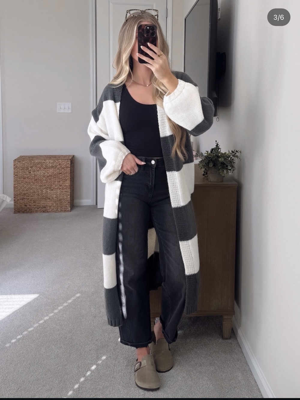 Long Open-Front Striped Cardigan Sweater - Gray & White
